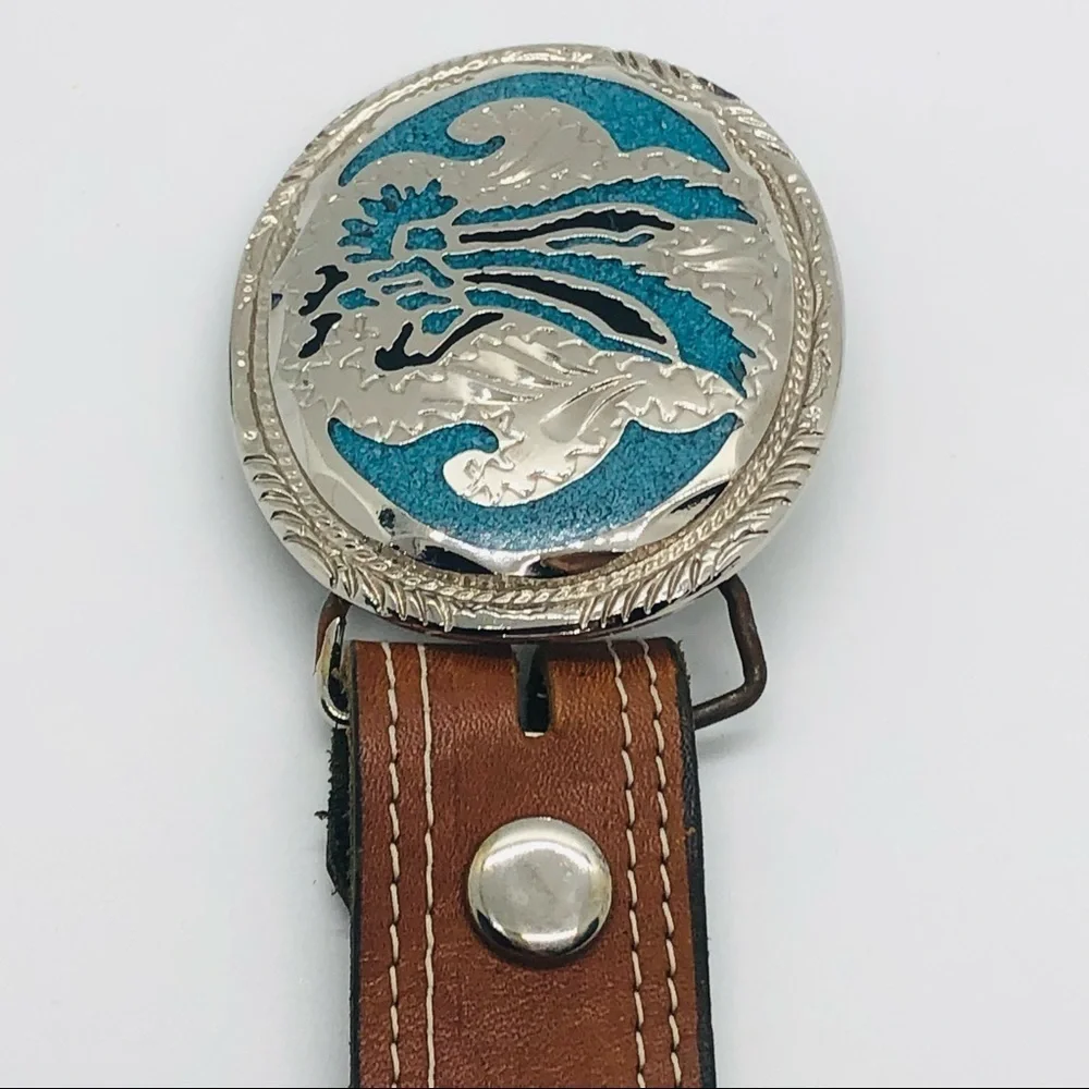 Vintage Native American silver turquoise leather belt size 34. 1983